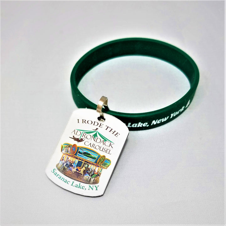 wristband and attached Adirondack Carousel zipper pull featuring the carousel itself