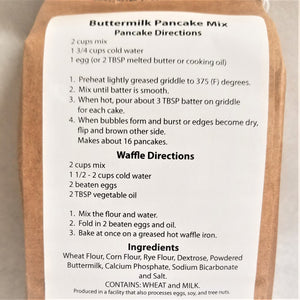 Back of the package of buttermilk pancakes with cooking directions for pancakes, waffles and a list of ingredients