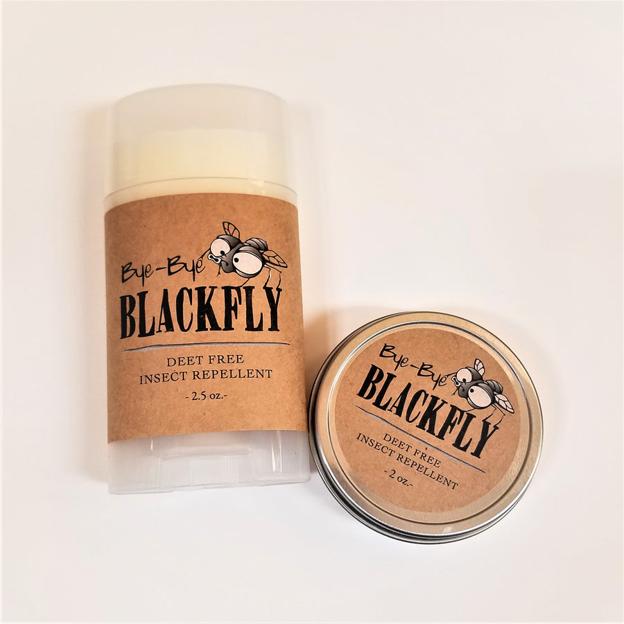 Roll-on blackfly insect repellent if its packaging on the left; tin of blackfly insect repellent on the right