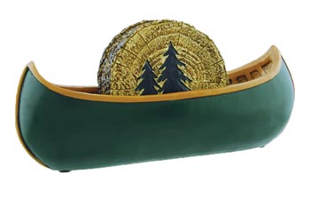 Full side of green canoe coaster holder with faux-bark round coasters set inside with two evergreens slightly off center.
