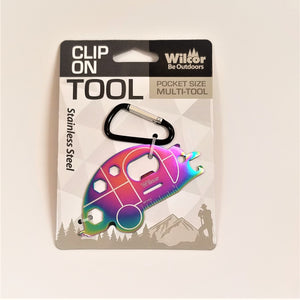Clip-on Camper Tool in packaging. Stainless steel camper appears with a purply pink center and blue-green edge below the black and silver carabiner clip.
