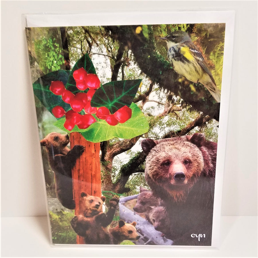 Front of bear collage card, vertical with trees, berries, large bear and 5 baby bears