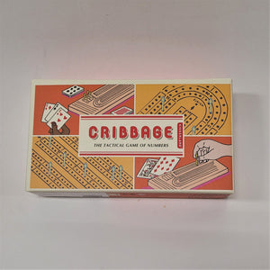 Rectangular box of Cribbage game left top corner illsutrates playing cards in a hand and in two piles with part of a cribbage board, right top corner part of the cirbbage board on a mustard background, left bottom another part of the board on the mustard backgroung, right bottom cribbage board flat with a hand over it and two cards face up next to it.
