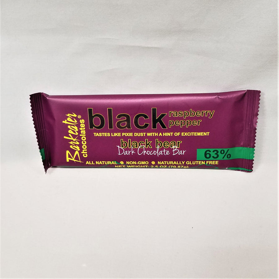 One bar of Dark Chocolate in maroon packaging: black raspberry pepper, tastes like pixie dust with a hint of excitement, black bear, 63% Dark Chocolate; All Natural, Net weight 2.5 oz.