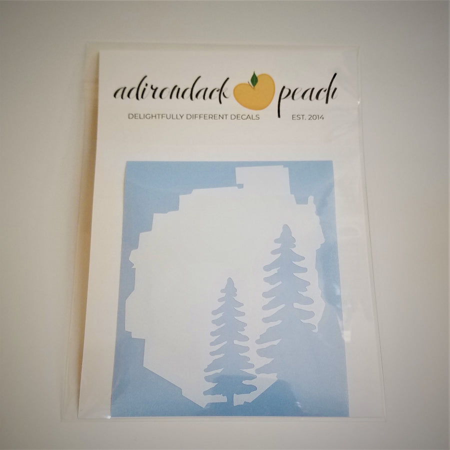 Decal of the Adirondack Park boundaries in white with two pine trees in pale blue on the bottom right. Background color also pale blue.