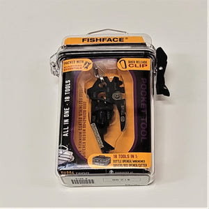 Fishface multi-tool seen through its clear packaging.