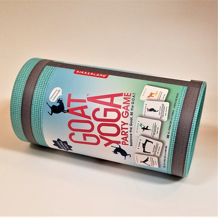 Goat Yoga Party Game cylinder container on its side. Aqua-colored with red type and 5 sample cards depicted.
