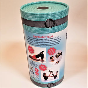 Cylindrical Goat Yoga Party Game container standing upright with the back showing. Text describes how it works with 3 photos showing sample positions.