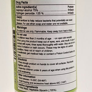 Back label on hand sanitizer bottle. Black type with Drug Facts. 