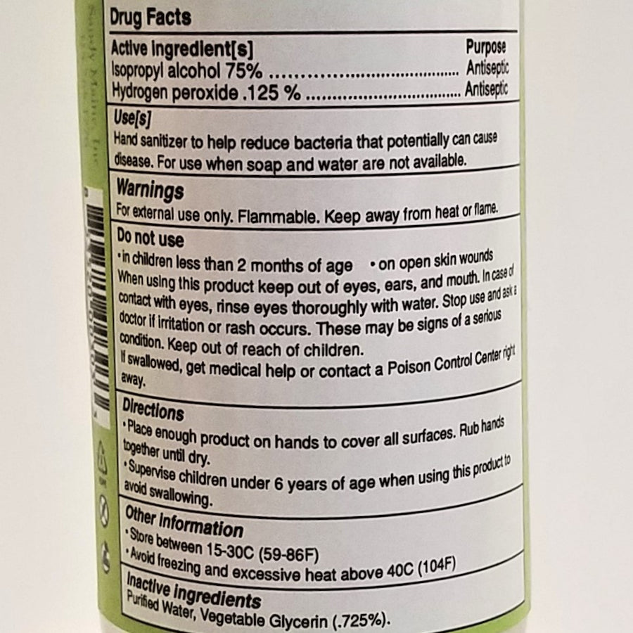 Back label on hand sanitizer bottle. Black type with Drug Facts. 