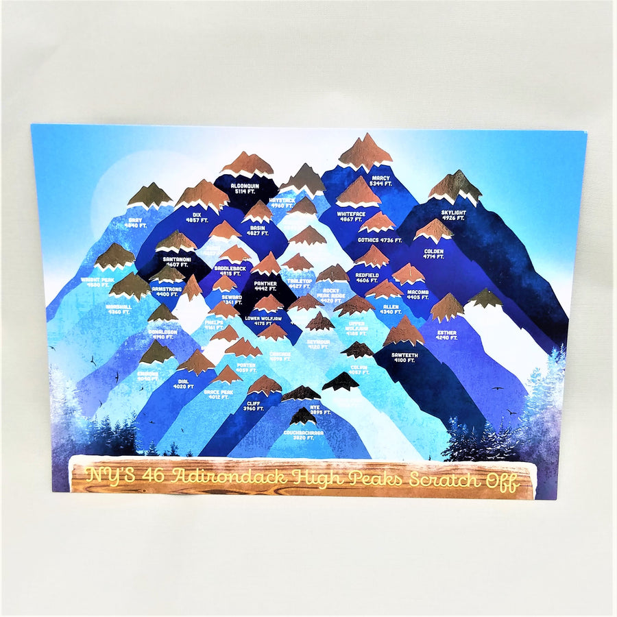 46er high peak mountains depicted in blues, black and white with scratch-off top