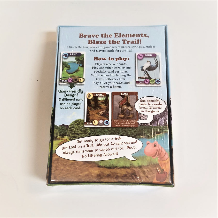 The back of Hike the Card Game box with illustrations depicting some of the cards that are inside as well as instructions on how to play the game.