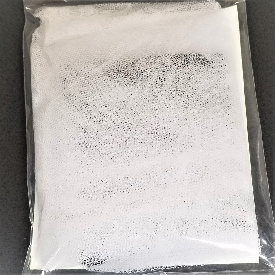Back of the mosquito netting package for infant stroller through the clear packaging the white mesh can be seen.