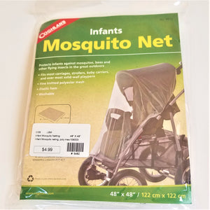 Mosquito Net packaging with text and a baby stroller with netting over the front.