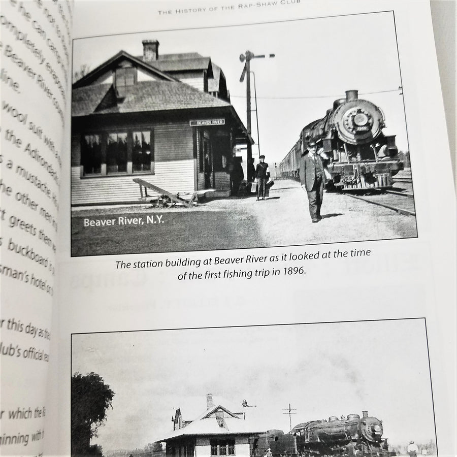 Interior page of book. Top half is a b&w photo of the Beaver River train station with a train pulling in and station personnel seen in the walkway. Bottom half is a small part of a b&W photo of a train and top of the building.