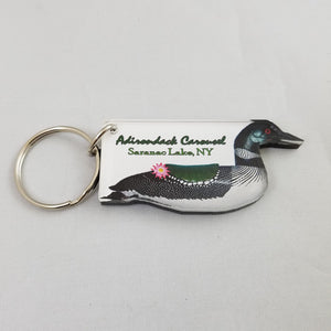 Loon key chain modeled after the Adirondack Carousel. Loon faces left with key ring to the left of its tail feathers.
