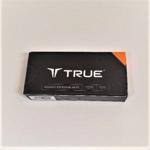 Packaging box for Keychain Knife. Black with white type that says TRUE large in center  and orange color in triangle top right.