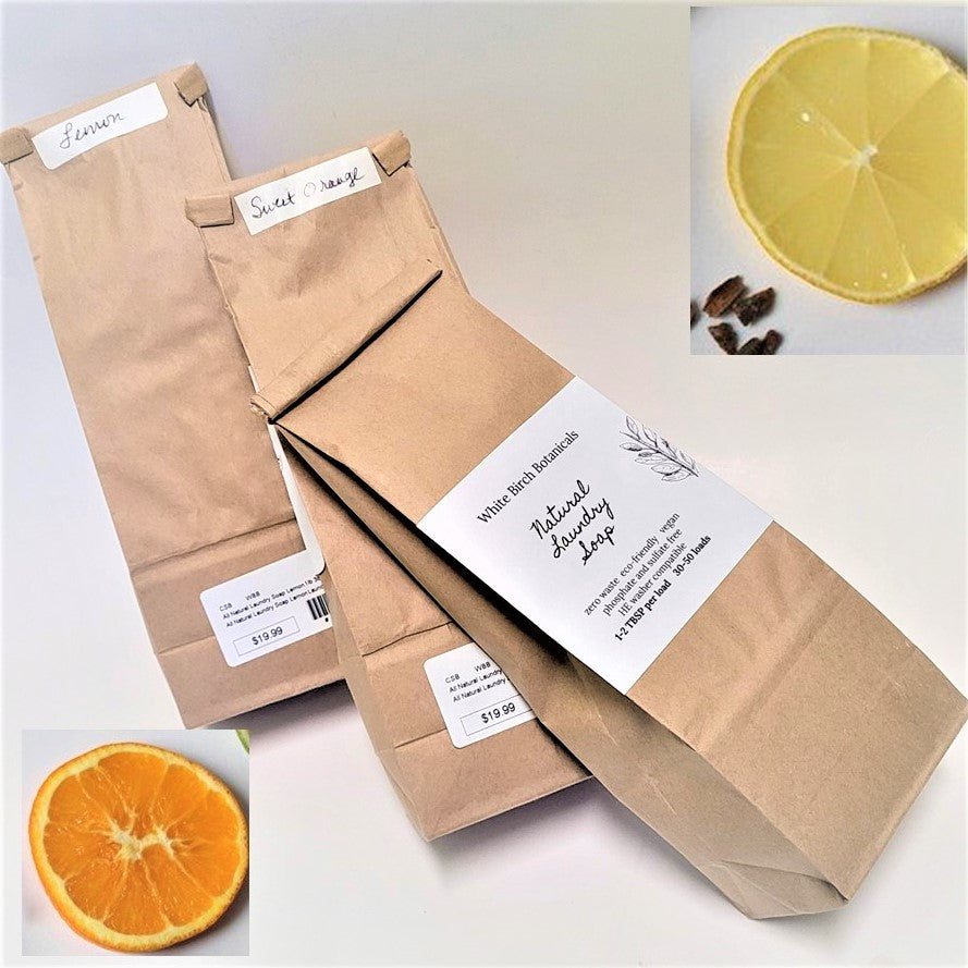 Framed by an orange slice on the bottom left and a lemon slice top right are 3 brown paper bags of natural laundry soap. White labels reveal the scents and the pricing. One says Lemon, one Sweet Orange and the third says White Birch Botanicals in the full centered white label.