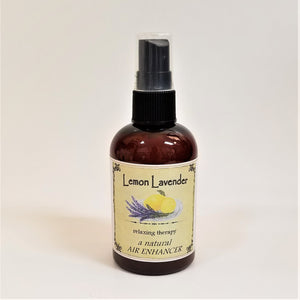 Standing brown bottle of Lemon Lavender with pale yellow label facing forward.