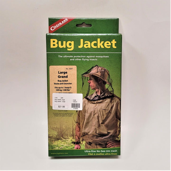 Upright box, green with yellow type: Bug Jacket. There is a photo of a person wearing the bug jacket on the right and text about the jacket printed on the box cover.