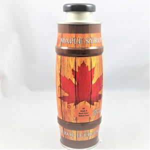 Barrel-shaped and styled design on the front of this Maple Syrup reusable bottle. Red maple leaf in center. Black cap on top.