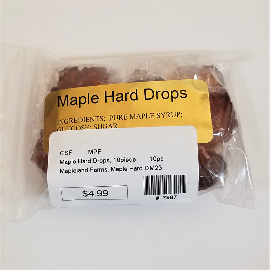Back side of Maple Hard Drops packaging. Candy can be seen through the top and sides. Ingredients are listed and pricing is visible.