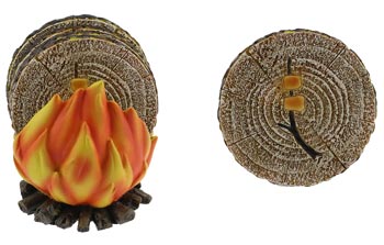 Fire coaster holder with faux-bark coasters popping out  on left side. Right side is just the faux-bark wound coaster with a stick and two cooked marshmallows in the center.
