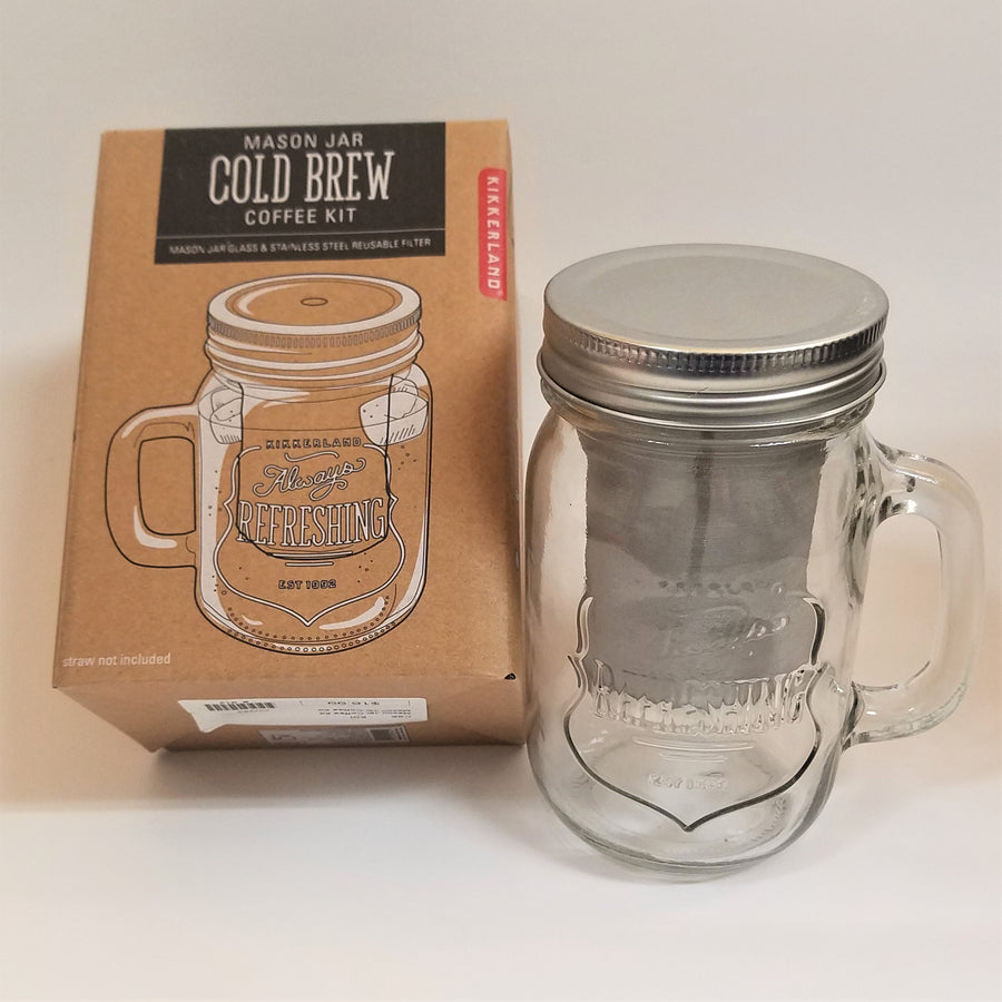 To the left is the packaging box for the Mason Jar Cold Brew Coffee Kit and to the right what's inside--the glass and metal top and infuser.