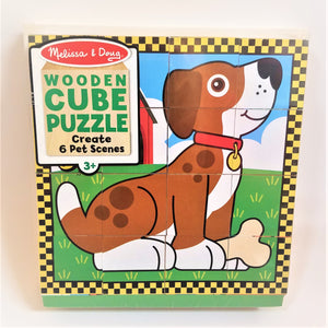 Cover of the animal cube puzzle with the dog facing out.