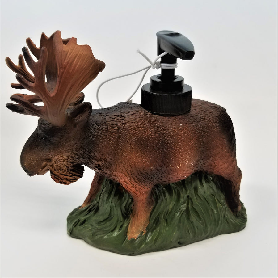 Brown textured moose with a black pump spout in its back. The moose's antlers are facing left and it is standing on a green-textured bottom.