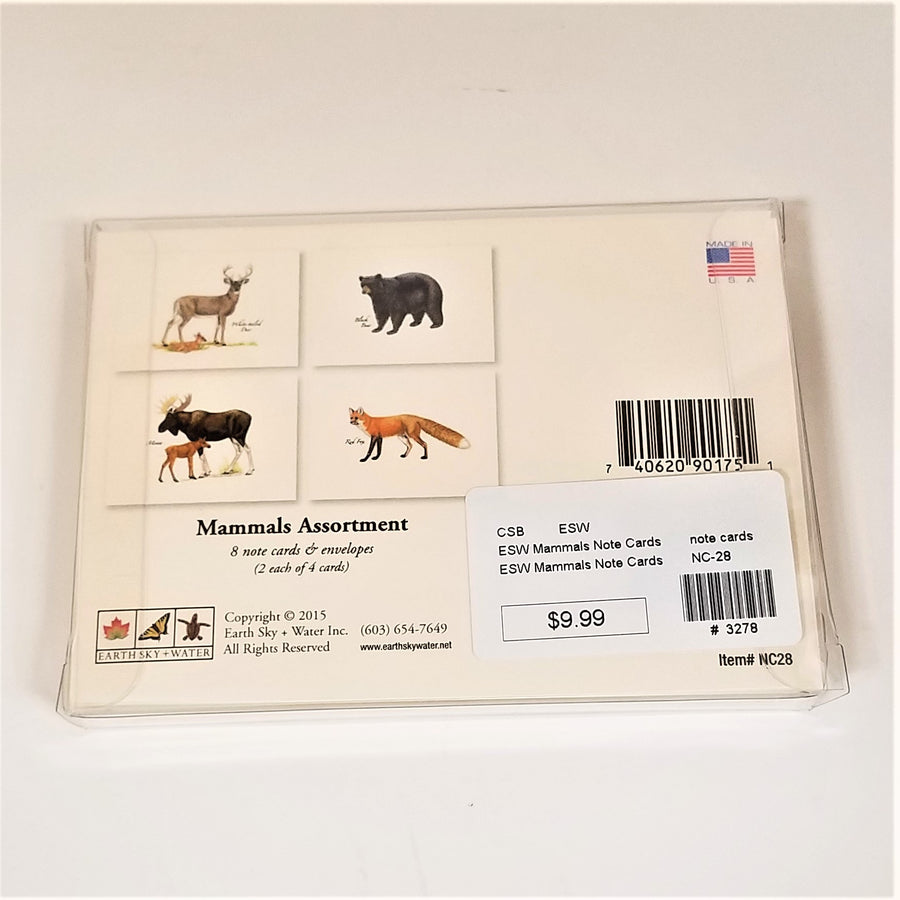 Back of the Mammals Assortment of nature cards packaging with small depictions of a black bear, a fox, a deer and fawn and moose and calf.