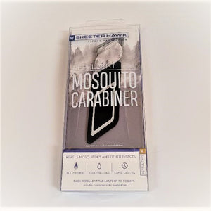 Front of the packaging of the Mosquito Carabiner. White bottom with a picture of the carabiner taking up 3/4 of the top.