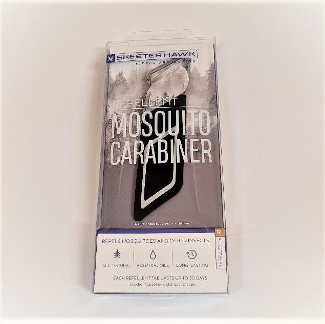 Front of the packaging of the Mosquito Carabiner. White bottom with a picture of the carabiner taking up 3/4 of the top.