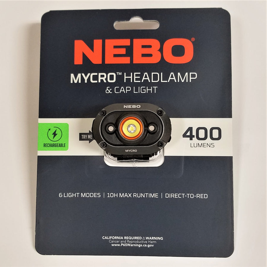 Nebo Mycro Headlamp pictured on its sales card. Text includes the words rechargeable, 400 LUMENS, 6 light modes, 10h max runtime, Direct-to-Red