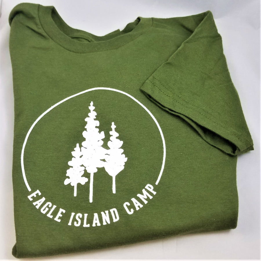 Olive green t-shirt folded to show one sleeve folded in next to the white Eagle Island logo on the front.