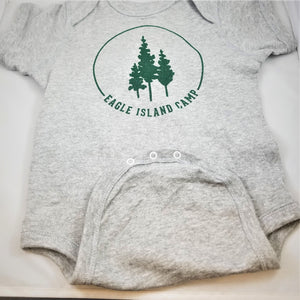 Solid light, gray onesie open flat with the green Eagle Island logo in the top center just under the neck band.