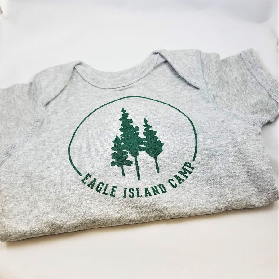 Solid light gray onesie folded to see the top neck and the green Eagle Island logo in the top center.