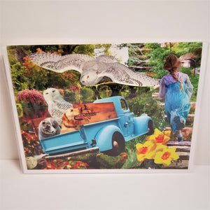 Colorful card collage featuring snowy owls, dogs, a child and a blue pick-up truck among flora and fauna