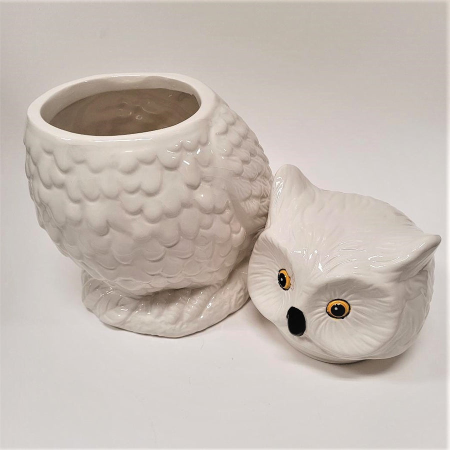 Owl cookie jar opened with owl head sitting to the right of the open bowl.