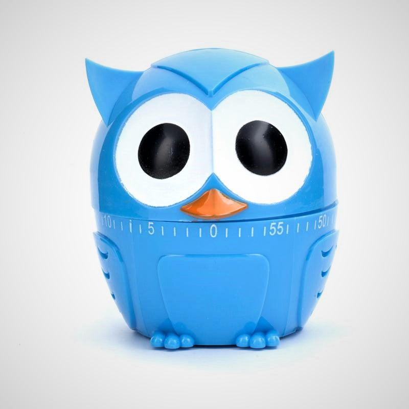 Aqua blue owl kitchen timer facing front out of packaging. Two big black eyes surround by white circles over a fan-shaped orange beak above the split for the timer numbers and lines. The bottom is solid blue with appropriate owl-molded paws and feathers on the sides.