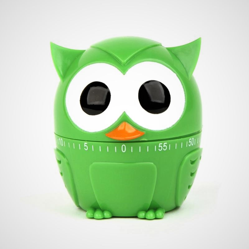 Bright green owl kitchen timer facing front out of packaging. Two big black eyes surround by white circles over a fan-shaped orange beak above the split for the timer numbers and lines. The bottom is solid green with appropriate owl-molded paws and feathers on the sides.