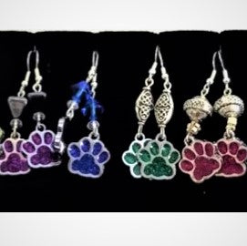 4 pairs of paw earrings: purple, blue, green and red glass.