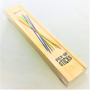Wooden rectangular box of Pick-Up Sticks with 7 colorful pointy-ended sticks depicted on the box.