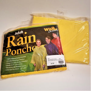 Front and back of yellow rain poncho packaging--Adult 100% Waterproof & Reusable; Hooded Vinyl Rain Poncho, Snaps on sides for Bad Weather, Made from .12mm PVC, electronically welded seams, one size fits most--50" x 80"