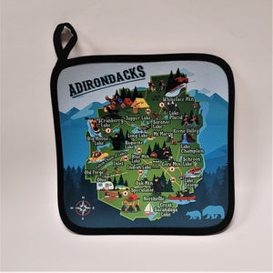 Iconic Adirondack fun map featured on a potholder. Blues surround the green Park map with all of its colorful town depictions.