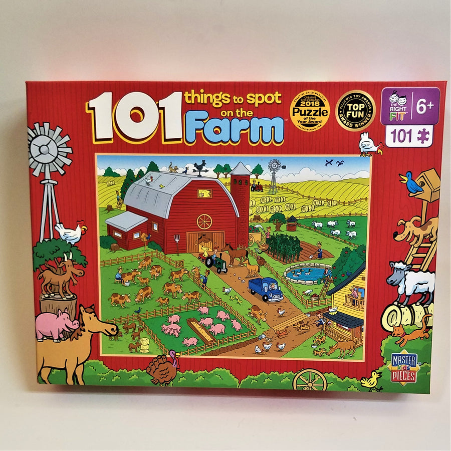Puzzle cover of 101 things to spot on the farm with red border and a red barn surrounded by  colorful fields and farm animals.