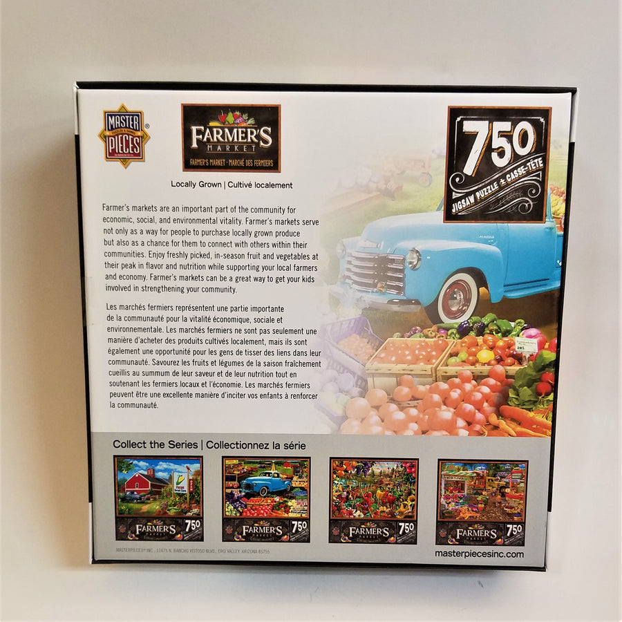 Back of packaging box of Farmer's Market 750-piece puzzle with a description and mini images of 4 puzzles on the back.