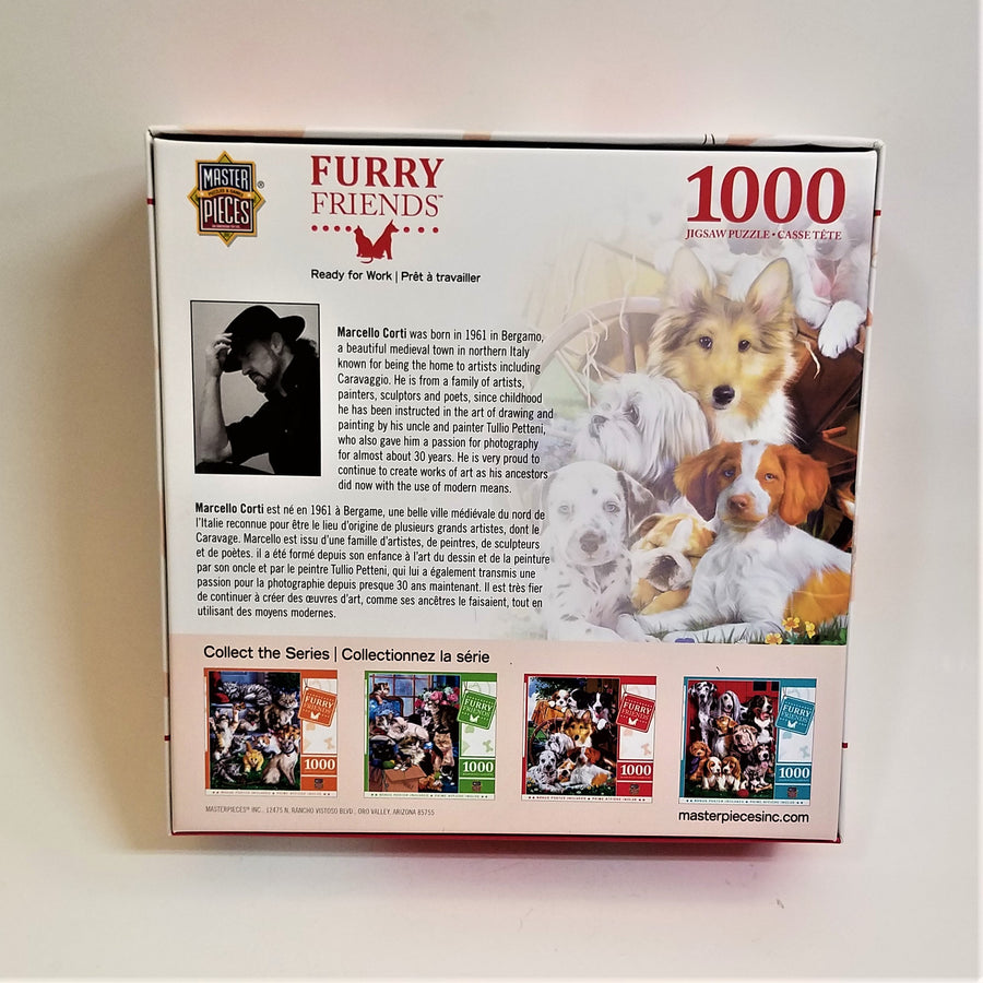 Box back cover of the 1000-piece Furry Friends jigsaw puzzle. A section of the cover puzzle depicted on the right, a b&w photo of the artist and short description to the left and four mini box covers along the bottom.