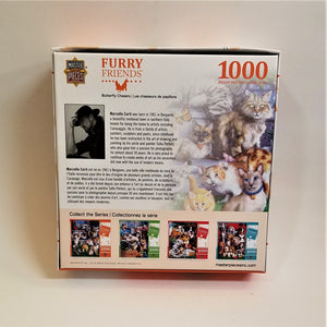 Box back cover of the 1000-piece Furry Friends jigsaw puzzle. A section of the cover puzzle depicted on the right, a b&w photo of the artist and short description to the left and four mini box covers along the bottom