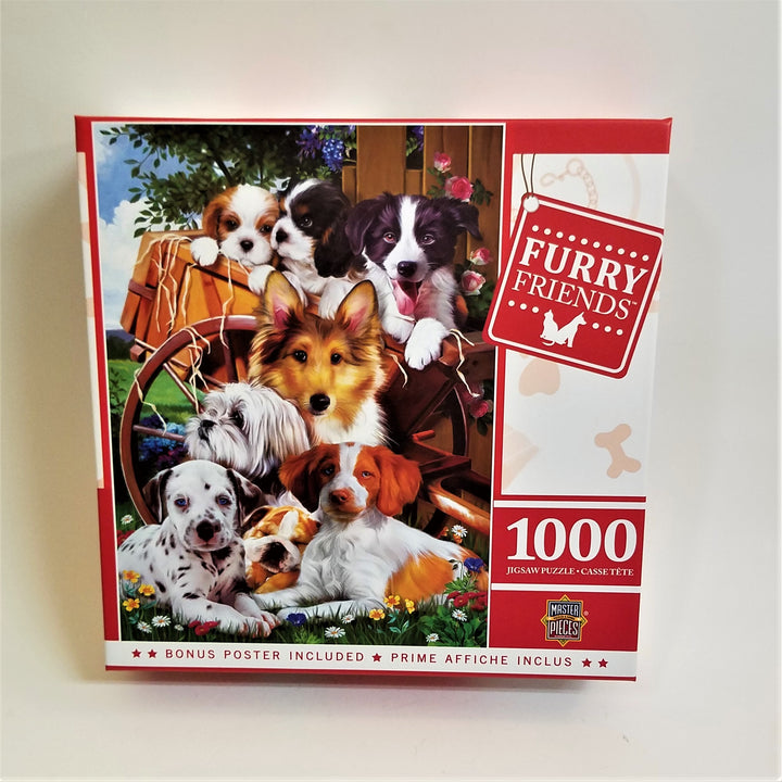 Box cover of 1000-piece Furry Friends jigsaw puzzle. Eight adorable dogs looking out. Four on the flowered ground; three in a cart. Lots of browns, black and white coloring.